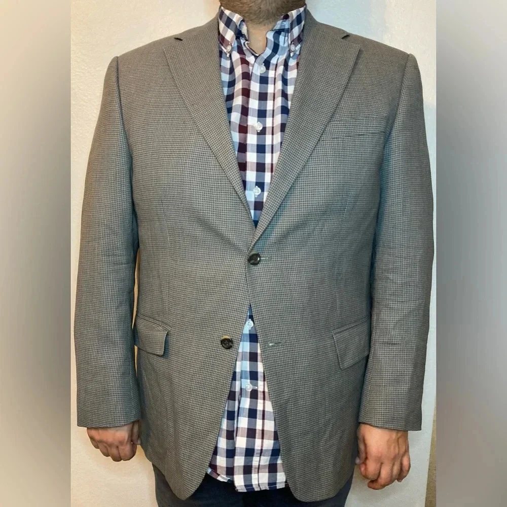 Oscar De La Renta 100% Wool Houndstooth Blazer Size 44 Regular Gray